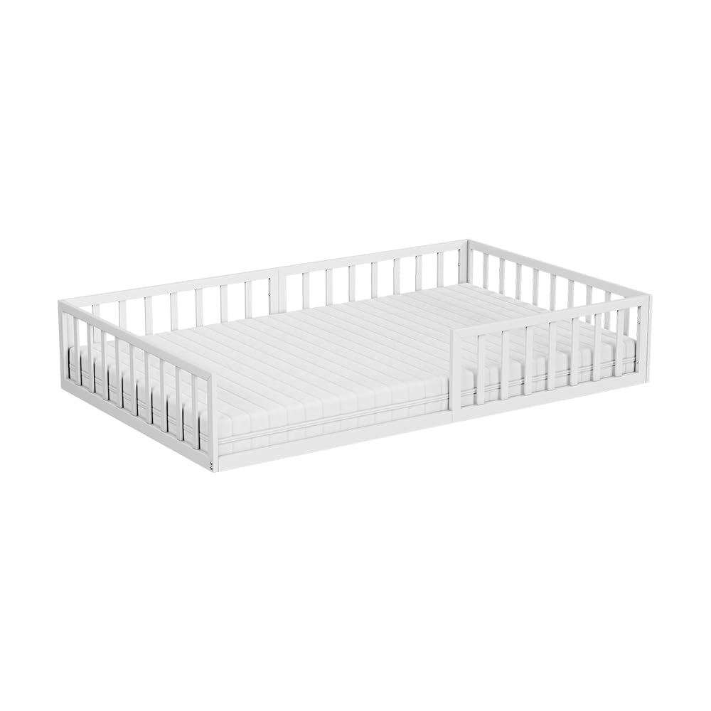 VitaliSpa Cama Baja Minno 120x200 cm, Cama Infantil Montessori de Metal con Barrera de Seguridad y colchón, Blanco