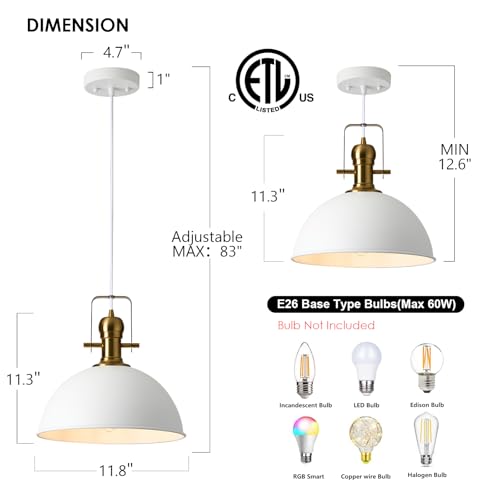 Image of 12 Inch Sandy White Modern Pendant Light for Kitchen Island 2 Pack | ETL Certificate, Easy to Install,Adjustable Height Cord,Vintage Industrial Dome Hanging Light Fixtures