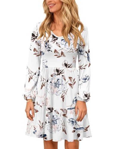 PLOKNRD Damen Langarm Kleid V-Ausschnitt Freizeitkleid mit Taschen Elegant Schichten Design Kleider Midi Herbst Winter Weiße Blume M