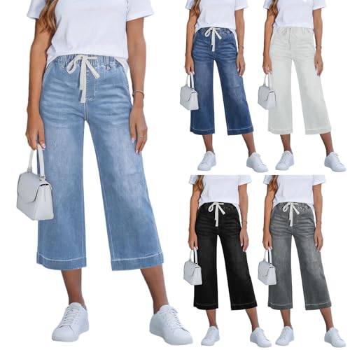 Générique Jean Femme Taille Haute Elastique Jeans Baggy à Jambe Large Coupe Droite Pantacourt D'été Denim Jorts Y2K Vintage Ample et Décontracté Pantalon avec...