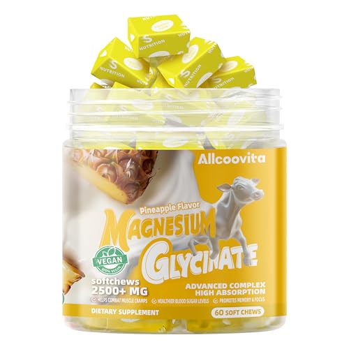 Image of Magnesium Glycinate Soft Chews, Pineapple Flavor.Chewable Sugar Free Potassium Magnesium Chews with Magnesium Glycinate, Vitamin D, B6, and CoQ10 for Calm Support & Sleep for Adults, 60 Days Supply