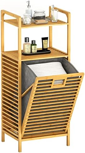 Raslate Bamboo Laundry Hamper Basket with Liner Bag Storage Dirty Clothes Tilt Out Baskets Section with Handles 2-Tier Shelves Organizer Hampers for Bedroom Bathroom Living Room (Assembly required)
