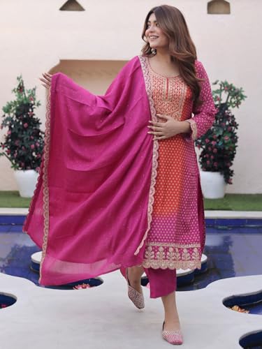 Image of Libas Printed Silk Blend Straight Kurta With Trouser and Dupatta