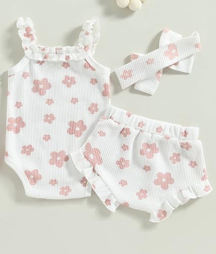 Newborn Infant Baby Girl Summer Clothes Outfits Set Floral Print Romper Tops Drawstring Short Headband Clothes Set3