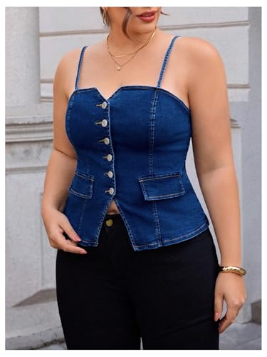 OYOANGLE Women's Plus Size Button Up Denim Cami Top Spaghetti Strap Fitted Jean Tops4