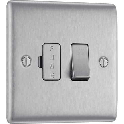 BG Electrical Switched Fused Connection Unit Fused Spur Switch Double Pole Raised and Slim Profile Round Edges Nexus Metal Brushed Steel 13A NBS50