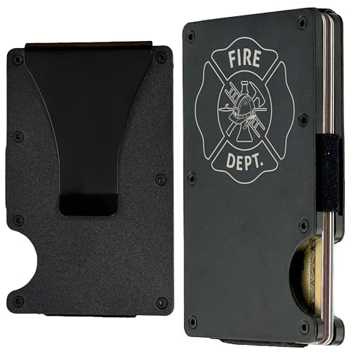 Engraved Metal Slim Wallet for Men RFID Blocking | Fire Department Customized Mens Minimalist Credit Card Holder Wallet with Money Clip | Custom Birthday Gift for Dad, Firefighter Gifts
