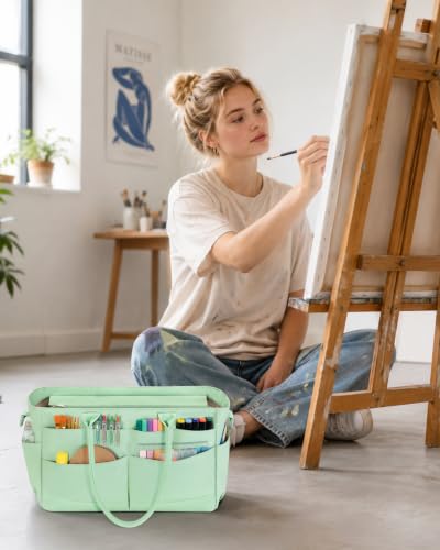 Image of Marscamd Craft Organizer Tote Bag, Art Supply Caddy, Green | with 11 Exterior Pockets, Zip-Top Closure, Detachable Shoulder Strap, Large Capacity for Art, Crafts & Sewing