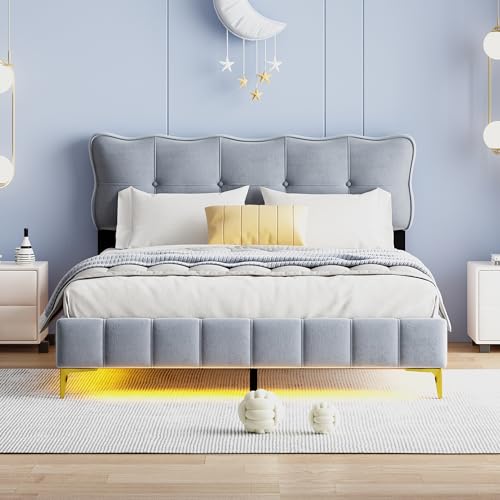 Shye Letto imbottito, letto per ragazzi, letto matrimoniale con luci con schienale con rete a doghe, tessuto in velluto, piedini in metallo alti (materasso non incluso) (grigio, 160 x 200 cm)