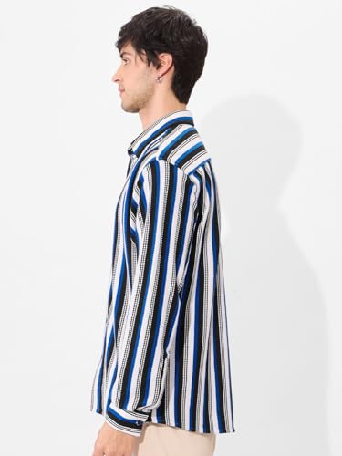Image of The Souled Store Stripes: Blue, White Men and Boys Long Sleeves Collared Neck Button Front Regular Fit Cotton Blend Textured Shirts