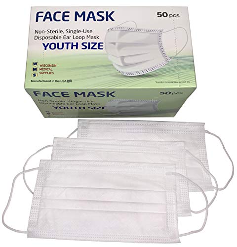 WMS Small Ear Loop Youth Face Masks, Wisconsin Medical Supplies, MADE IN USA, 4 Pack