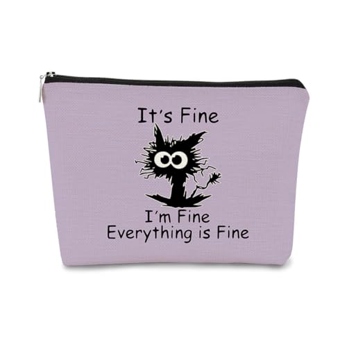 Funny Cute Cat Makeup Bag,Cat Lover Gifts For Women,Its Fine Im Fine Everythings Fine,Black Cat Cosmetic Bag Small Pouch,Birthday Gift,Coworker Gifts(Purple)