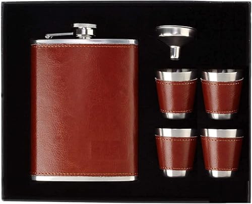 Image of Leather Stainless Steel Hip Flask with 4 Shot Glasses with Funnel, Liquor, Wine, Whiskey, Alcohol Drinks Holder Pocket Beverage Bottle for Men and Women