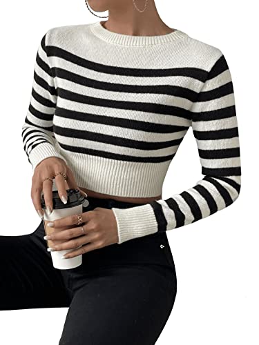 Image of SweatyRocks Women's Striped Ribbed Knit Long Sleeve Round Neck Shirt Slim Fit Pullover Sweater Crop Top Black White L