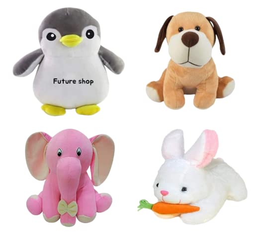 Future Shop Deluxe Combo Set: Adorable Appu Elephant, Grey Penguin, White Rabbit, and Sitting Dog Mini - Pack of 4 Soft Teddy Bear Animal Stuff Toys for Kids