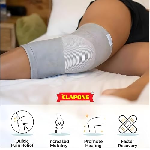 Image of CLAPONE Knee Warmers, Long Cotton Knee Sleeves - For Women, Men, Circulation Improvement and Joint Pain Relief for Arthritis Knees, Knitted Binchotan Yarn, Thick, One Pair (Gray, XL).