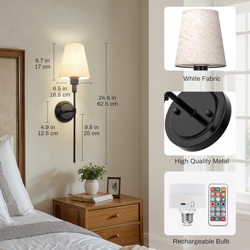 Image of DORESshop Battery Operated Wall Sconce Set of 2, 7 Color Wireless Wall Light Easy to Install, Sconce Wall Decor Set of 2 for Bedroom, Living Room, Fabric Linen Shade, Black, 24.6in