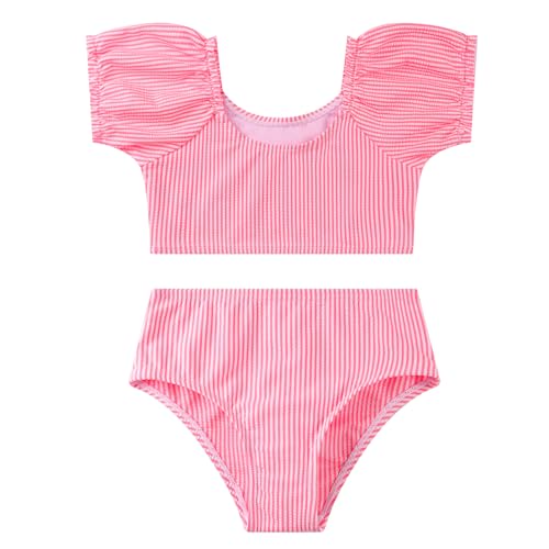 LIZENS Two-Pieces Girls Swimsuit Puff Sleeve Beach Bathing Suit Stripe Bikini Sets ?BD411,5-6T Pink