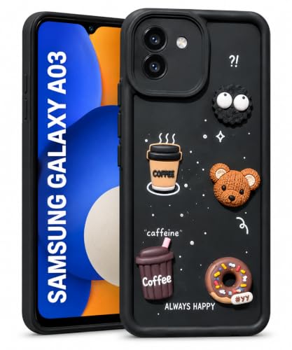 Image of Bintage Back Cover Compatible for Samsung Galaxy A03 4G | Cute 3D Taddy Ball Bear Milk Cake Coffee Silicon Case Full Body & Camera Protection - Black