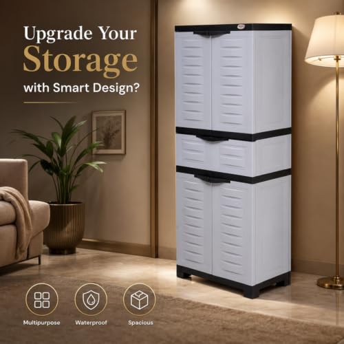 Image of Supreme Furniture Fusion 02 MDR 01 Multipurpose Plastic Cupboard | 40-Months Warranty* |Cabinet with 1 Drawer at Center| Spacious Shelves |Big Organiser for Bedroom Living Room Kids | DIY | Blue Grey