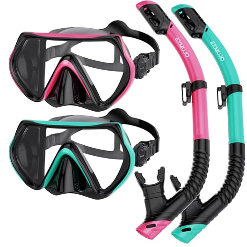 EXMUJO Snorkeling Gear for Adults,Snorkel Set Diving Mask Scuba Gear Swim Goggles with Nose Cover and Dry Top Snorkel Tube Kit Tempered Glass 180°Panoramic View