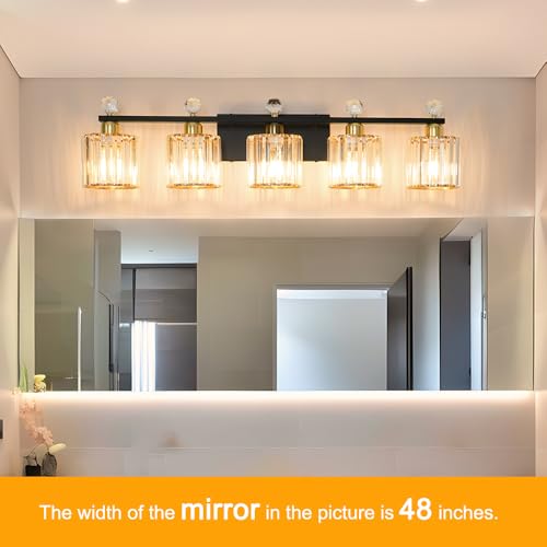 Image of 5 Light Black and Gold Vanity Light, Modern Crystal Bathroom Vanity Lighting Fixtures, Bath Wall Mount Lights with Clear Crystal Glass Shade, Wall Sconce Light for Mirror Bedroom Living Room, E26 Base