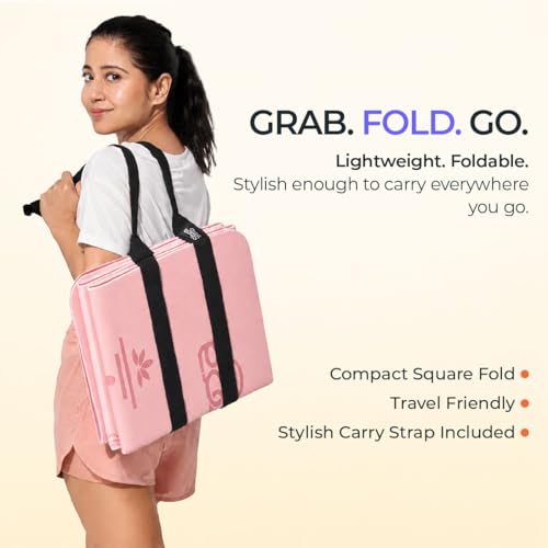 Image of Stoga Origami Foldable 6mm Yoga Mat | Non-Slip | Mat for Men & Women | Lightweight, Sweat-Resistant, Eco-Friendly TPE Mats with Carry Strap | Best Yoga Mat for Home, Travel & Gym (Pink)
