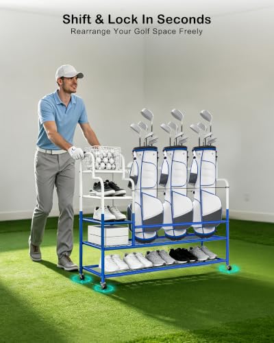 Image of Golf Bag Storage Garage Organizer for 3 Bags, Golf Storage Rack with Wheels | 50% More Space Multi-Zone, All-In-One Compact 5-tier Upscale Sporty Heavy-Duty Rack, 4 360 Casters,Movable Basket,Golf Gifts