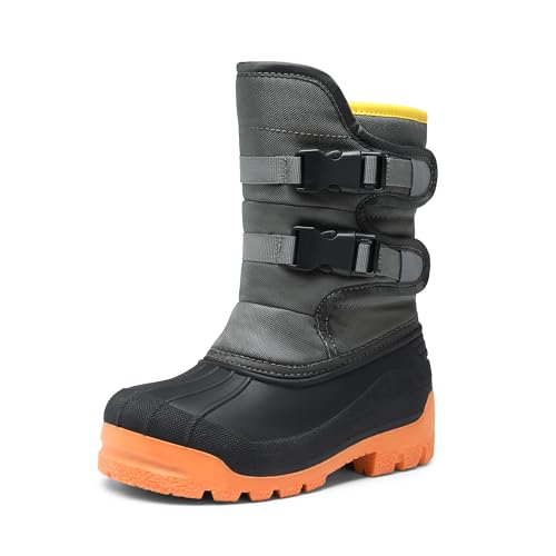 DREAM PAIRS Boys Snow Boots Bright Colored Outsole Hook and Loop Slip Resistant Mid Calf Faux Fur Lining Winter Shoes for Little/Big Kids 11 Little Kid Grey/Orange