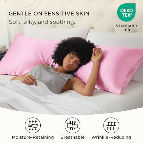 Image of Bedsure Body Pillow Cover 20x54 Inches - Pink Satin Similar to Silk Pillowcase for Hair and Skin, Cooling and Silky Long Body Pillow Pillowcase with Envelope Closure, Gifts for Women Men