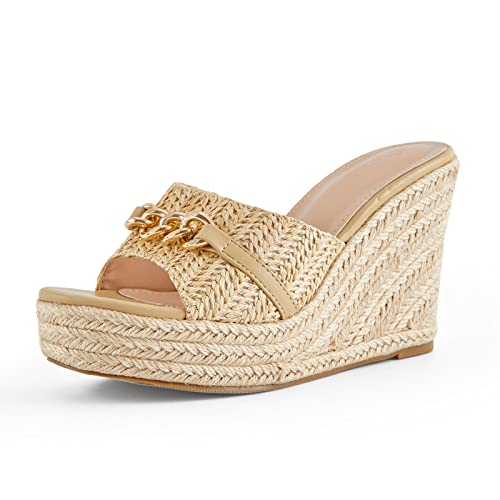 Coutgo Womens Espadrille Wedge Sandals Chain Wedge Heel Platform Backless Slip On Slides Fashion Open Toe Casual Shoes 7.5