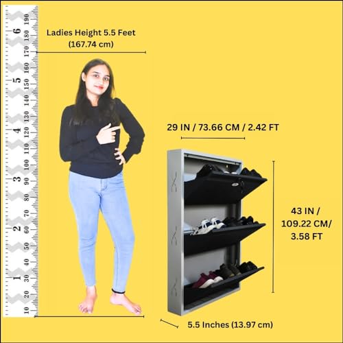 Image of I Metal Shoe Rack I Slim and Wall Mounted I 3 Shelves (Grey Colour) I Coad LC 2L-03 GR I Height 43 Inches, Width 29 Inches, Depth 5.5 InchesI 3 Years Warranty.