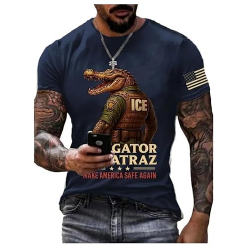 Herren Retro Patriotische Alligator Alcatraz Shirts Lustige Florida Everglades Dark Humor Print T-Shirt Rundhals Amerika Flagge Tee, I, XL