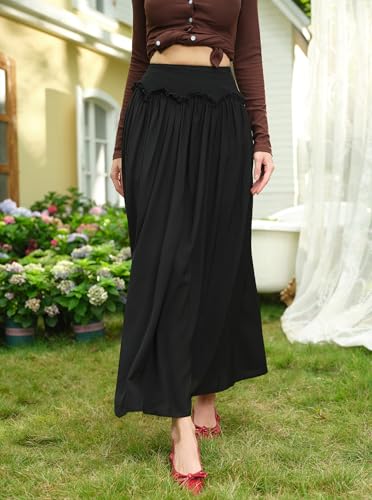 Casual Boho A-Line Ruffle Trim Pleated Maxi Skirt High Waisted Flowy Swing Long Skirts for Women Trendy4
