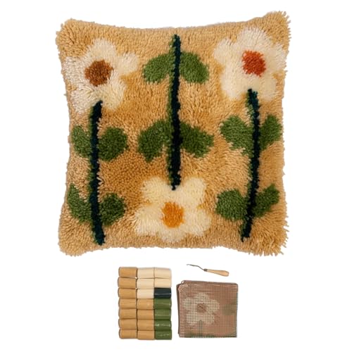 Image of CRAFT CLUB Pick of The Bunch Cushion Kit | DIY Latch Hook Kits for Adults | Sewing Kit with Pre-Cut Yarn & Wooden Tool | Cushion Covers for Bedroom Decor | Arts & Crafts Supplies | 17in x 17in