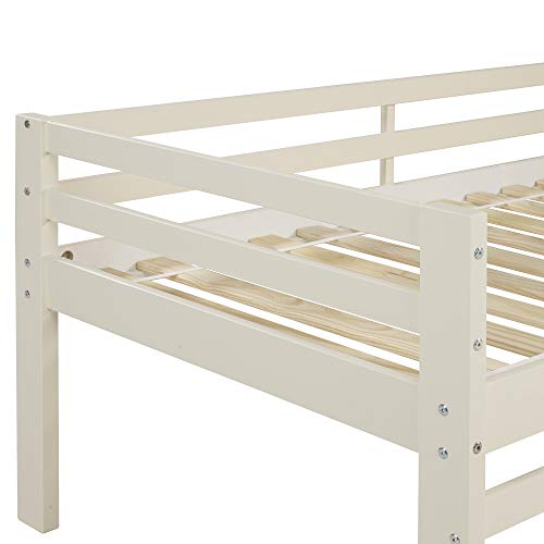 Walker Edison Wood Twin Low Loft Bunk Kids Bed Bedroom with Guard Rail and Ladder, White
