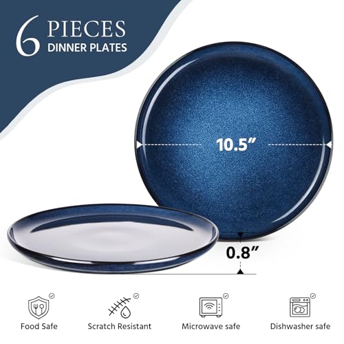 Image of E-far 10.5 inch Ceramic Dinner Plates Set of 6, Large Reactive Glaze Stoneware Dishes, Round Salad Plate for Home Kitchen Restaurant, Microwave & Dishwasher Safe - Deep Sea Blue
