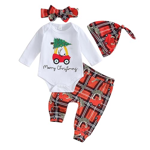 Image of 4Pcs Newborn Baby Girl Boy Christmas Outfit First Christmas Bodysuit Pants Layette Set Xmas Gifts Coming Home Outfit (Ivory White, 0-3 Months)