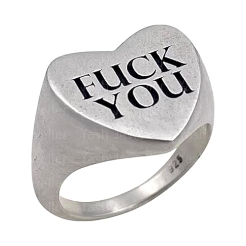Fuck You Ring, 925 Sterling Silver Heart Signet Ring, Bold Statement Jewelry for Men, Edgy Rebellious Attitude Ring, Punk Rock Middle Finger Ring, Personalized Engraved Silver Ring