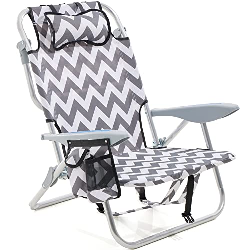 Canpsky Portable Beach Chair For Adults, Outdoor Lightweight Camping Chair Lay Flat Folding Backpack Beach Reclining Chair With 4 Positions, Headrest, Cooler Pouch, Cup Holder, Geometric Wave #TOP2