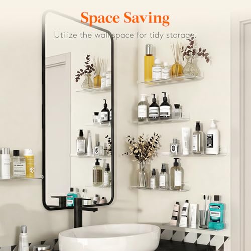 Image of Lifewit Acrylic Floating Shelves for Bathroom 14 inch Clear, 2 Pack | Wall Mounted Display Shelf for Makeup, Skincare, Nail Polish, Book, Perfume Organizer for Bedroom, Living Room, Nursery Decor