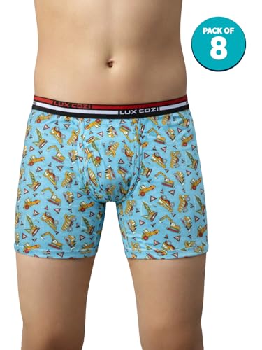 Image of Lux Cozi Bigshot Boy's Super Combed Cotton Outer Elastic Long Printed Trunk for Kids| Color and Prints May Vary | Pack of 8