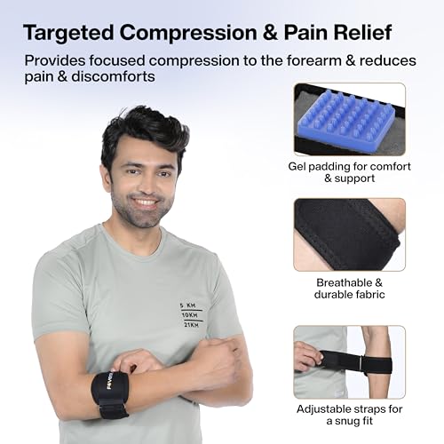 Image of FOVERA Tennis Elbow Support Brace, Adjustable Elbow Support Strap with Gel Padding for Pain Relief, Weightlifting & Sports for Men & Women, Universal Size, Black