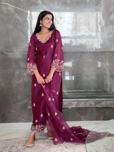 Image of Royal Export Women's Kurta Set | Viscose Silk Floral Embroidered Straight Kurta Pant Dupatta Set Kurta Sets for Women | Ladies Kurta Set