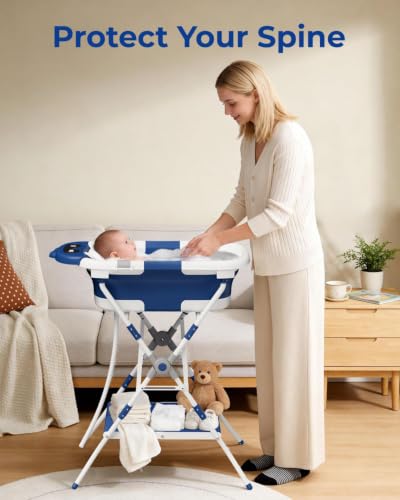 Image of 2-in-1 Baby Bath with Stand, Foldable Dinosaur Bathtub for Infant to Toddler, Portable Travel Tub with Soft Cushion for 0-18 Months, Navy Blue