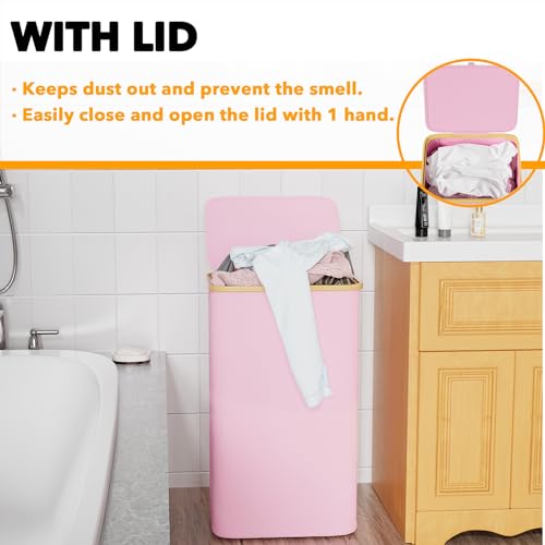 SpaceAid Laundry Hamper with Lid, 110L Large Tall Clothes Basket Bin with Bamboo Handles, Collapsible Laundry Hamper for Bedroom, Bathroom, Dorm, Laundry Room - Pink