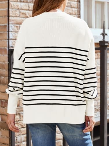 Lillusory Women'S Oversized Batwing Sweaters 2024 Fall Outfits Crewneck Ribbed Knit Side Slit Trendy Pullover Tops Stripewhite M thumb #3