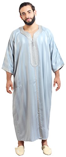 Moroccan Men One size Lounge wear Caftan Handmade Gandoura Cotton Blend Delicate Embroidery Grey