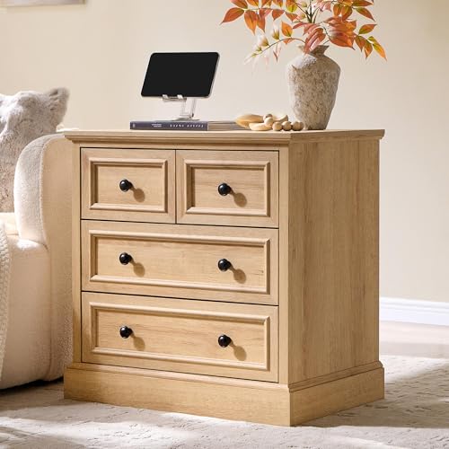 Image of ACCOHOHO 26 inch W Nightstands Set of 2, Farmhouse End Table with 4 Drawers for Storage, Nightstand with Charging Station for Bedroom, Natural Oak