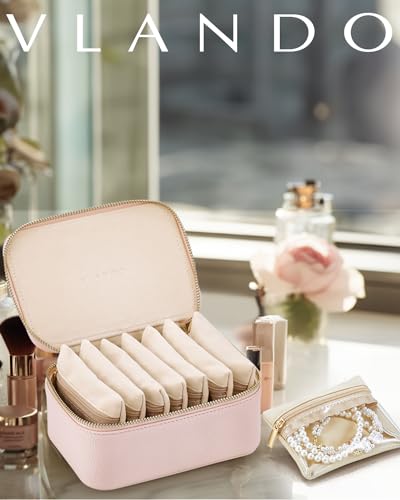 Vlando Travel Jewelry Box,PU Leather Jewelry Bag for Girls,8 Pcs Velvet Jewelry Bags Storage for Necklace Rings,Wedding, Birthday, Christmas Gifts Pink